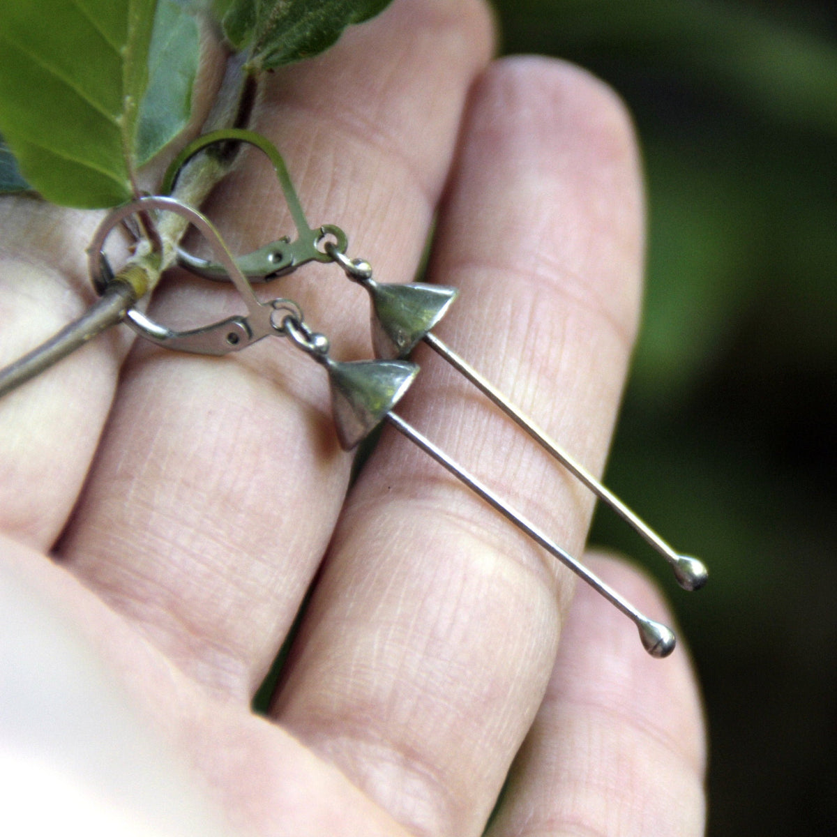 Silver Mushroom Earrings – Copper & Pewter Long Stem Dangles – Minimalist Forest