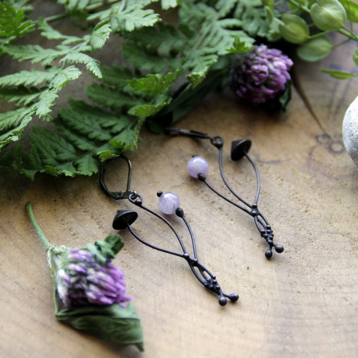 Rose Quartz Mushroom Earrings – Blackened Copper
