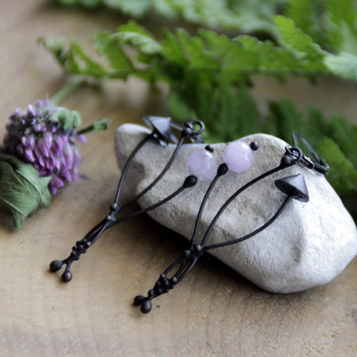 Rose Quartz Mushroom Earrings – Blackened Copper
