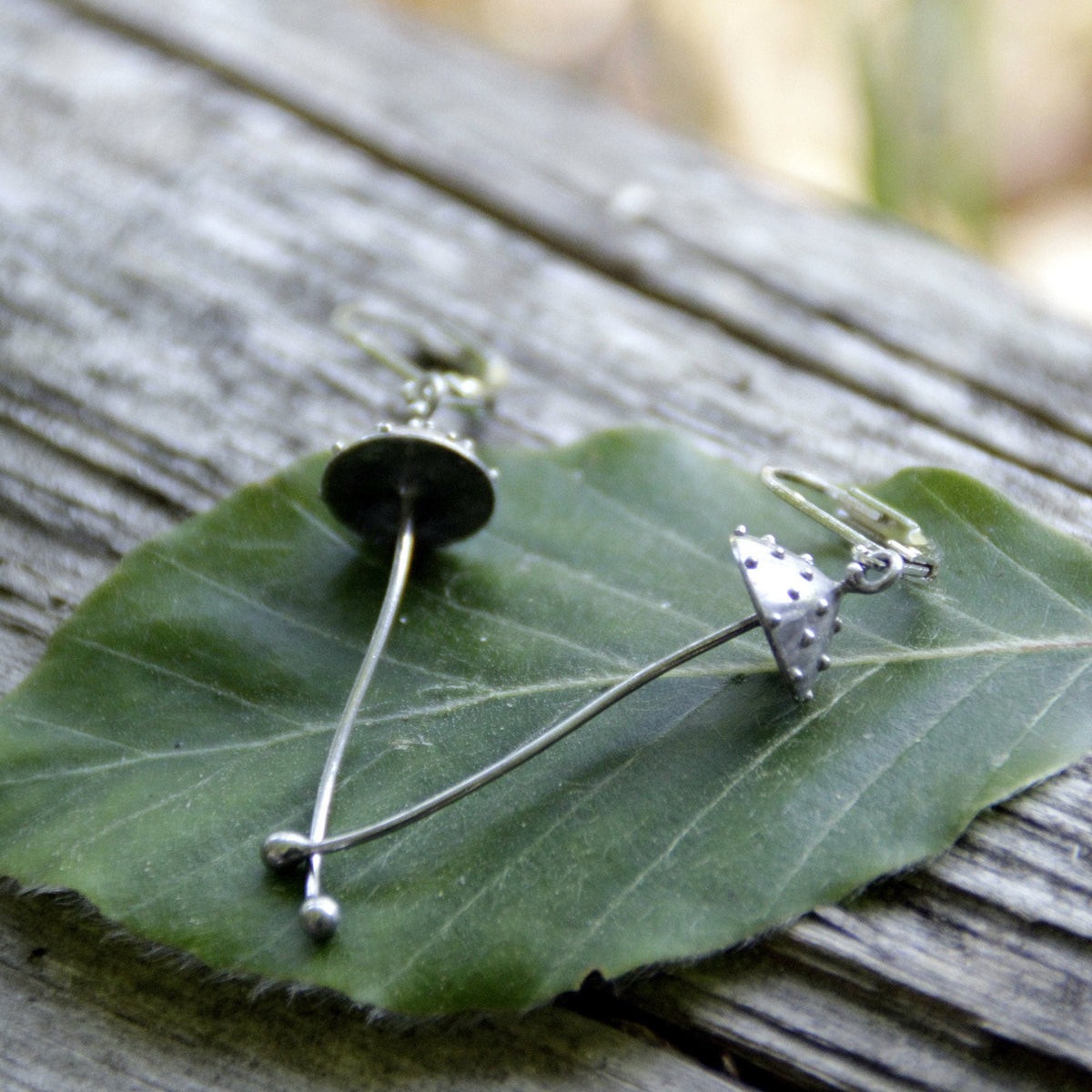 Silver Amanita Mushroom Earrings – Copper & Pewter Long Stem Dangles – Fairy Forest