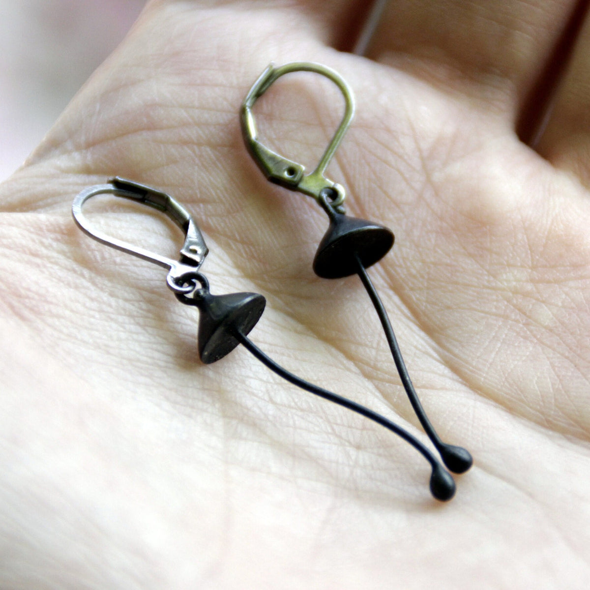 Black Mushroom Earrings – Copper & Pewter Long Stem Dangles – Minimalist Forest