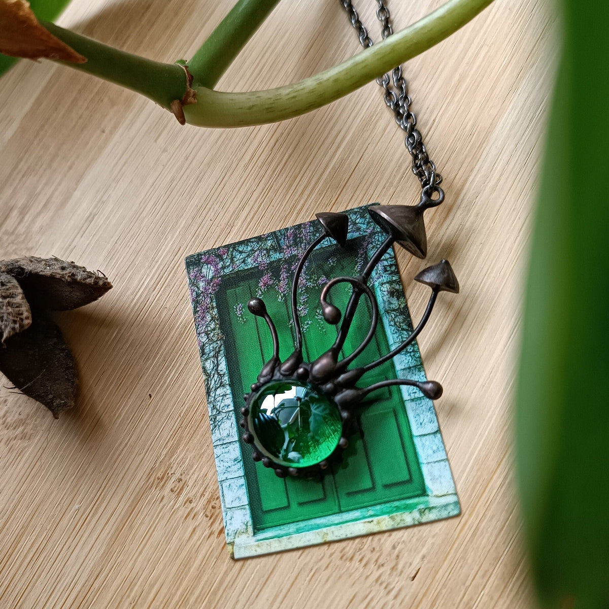Green Glass Long Stem Mushroom Necklace – Blackened Copper