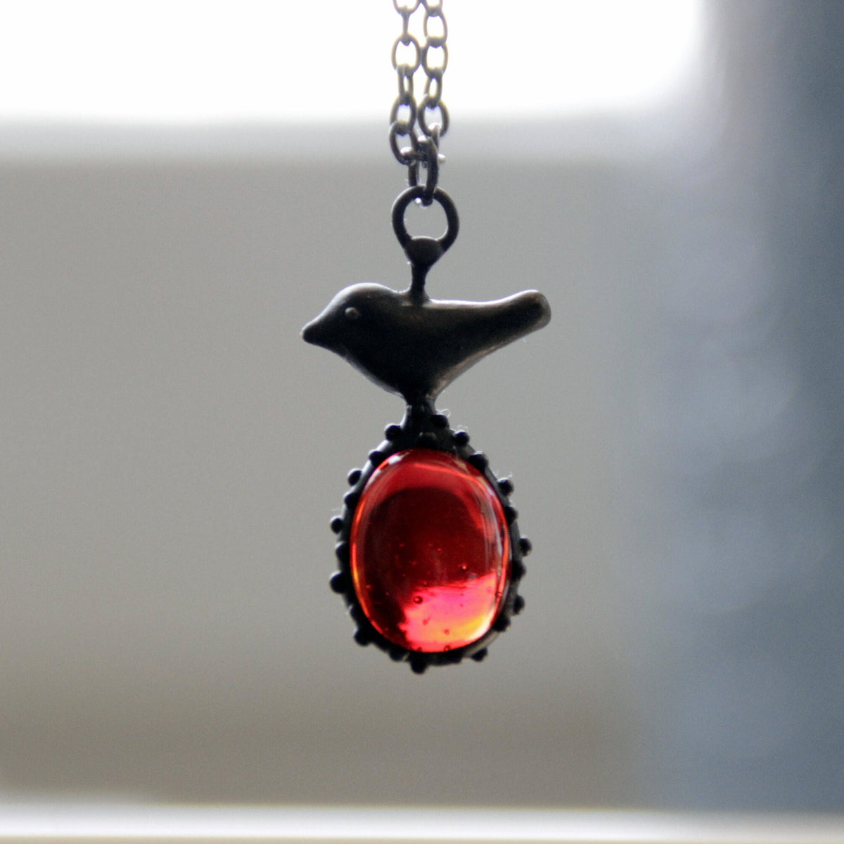 Red Glass Bird Necklace – Blackened Copper & Pewter Woodland Pendant – Boho