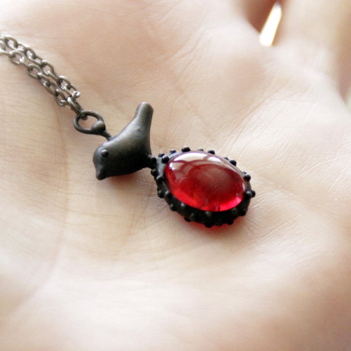 Red Glass Bird Necklace – Blackened Copper & Pewter Woodland Pendant – Boho
