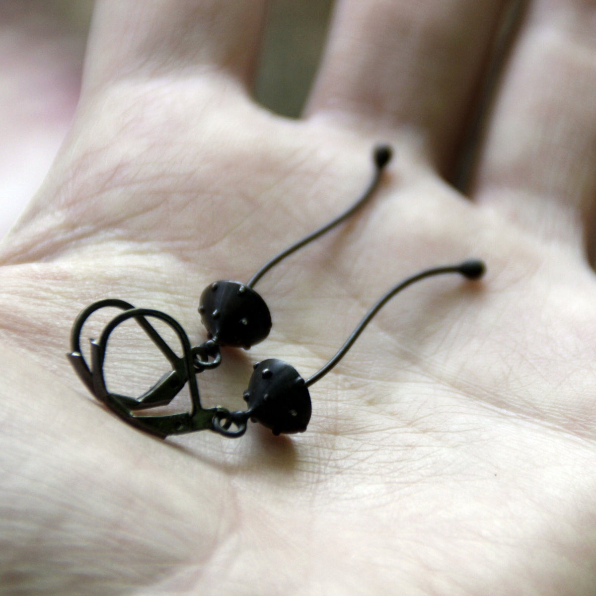 Black Amanita Long Stem Earrings – Copper & Pewter