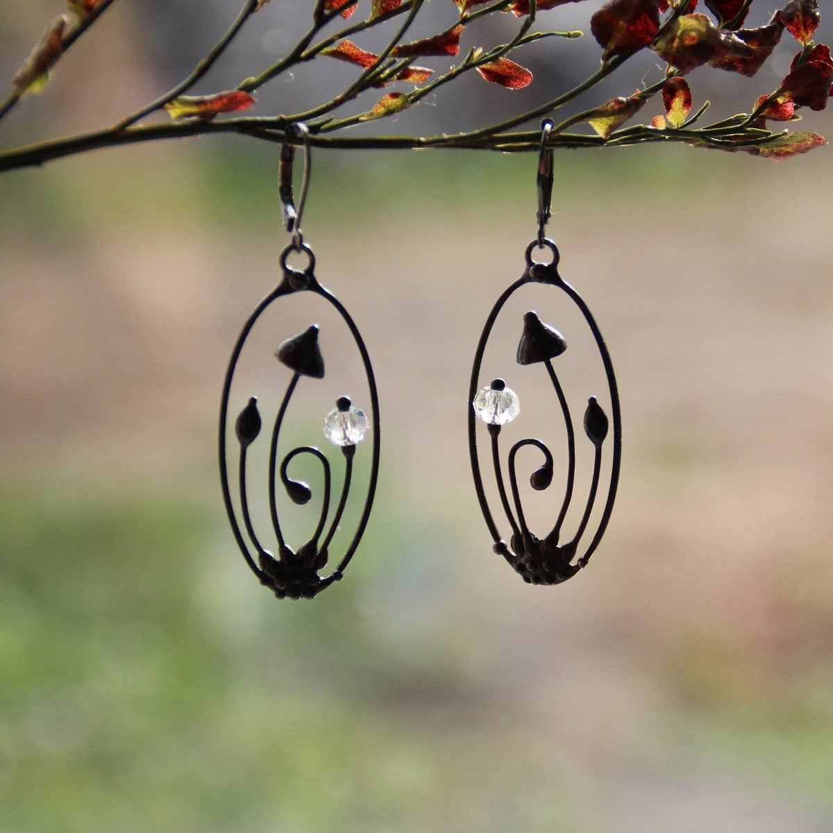 Faceted Clear Glass Mushroom Earrings – Blackened Copper