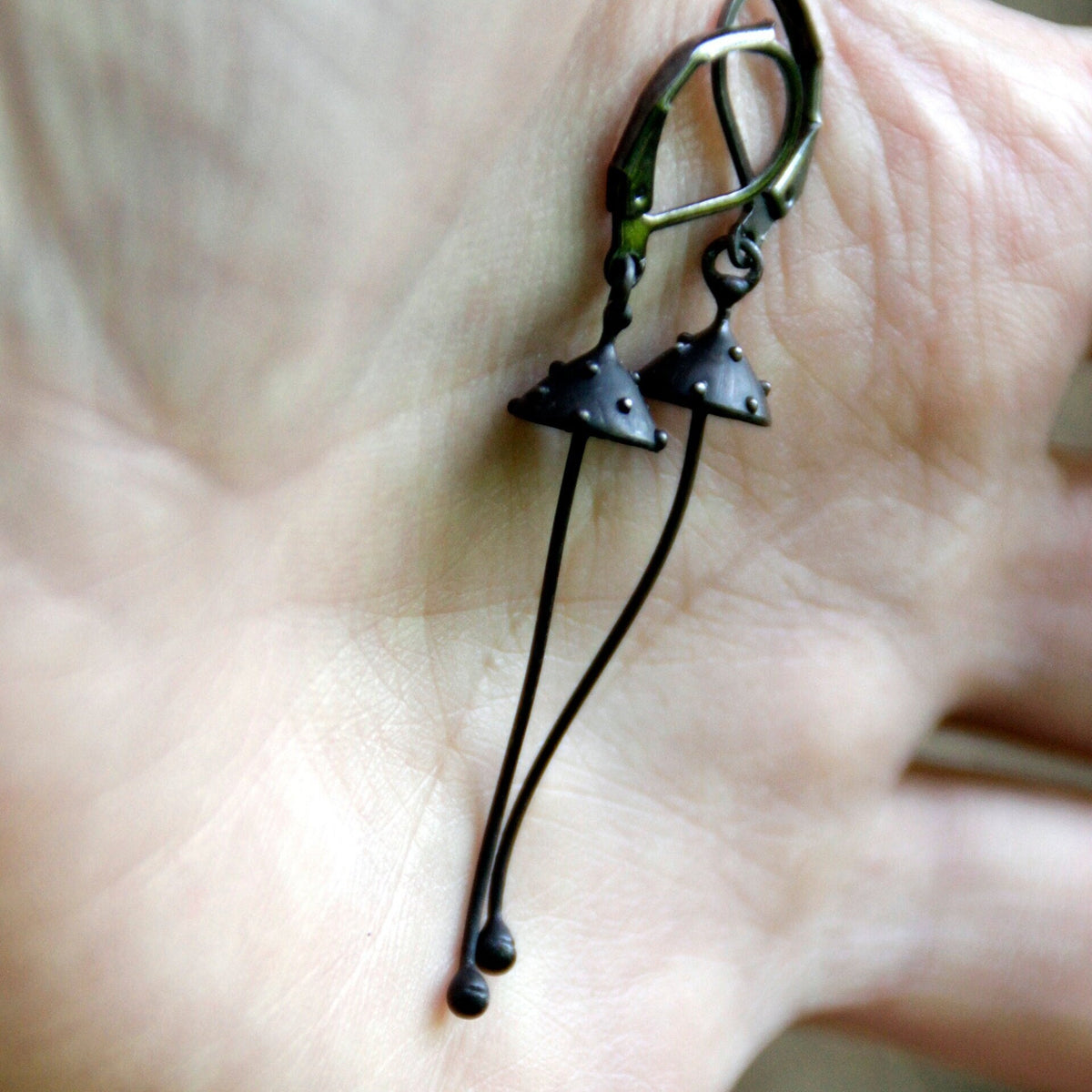 Black Amanita Long Stem Earrings – Copper & Pewter