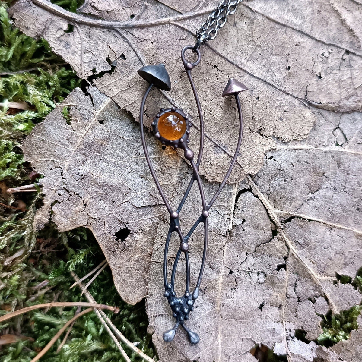 Brown Glass Mushroom Necklace – Blackened Copper