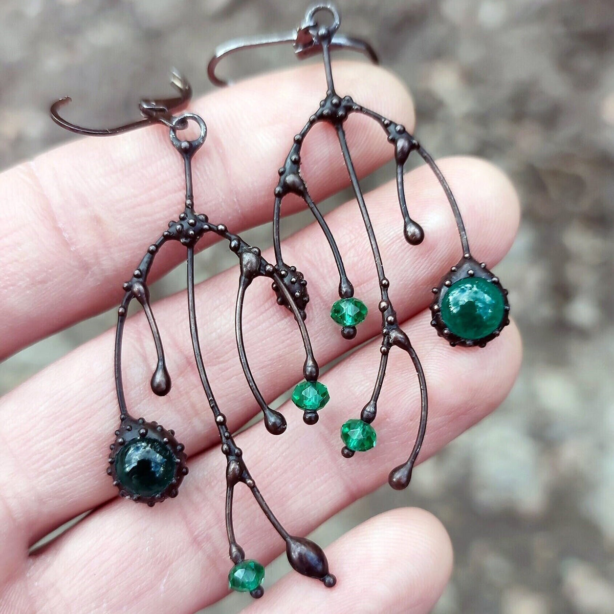 Green Glass Asymmetrical Branch Earrings – Blackened Copper