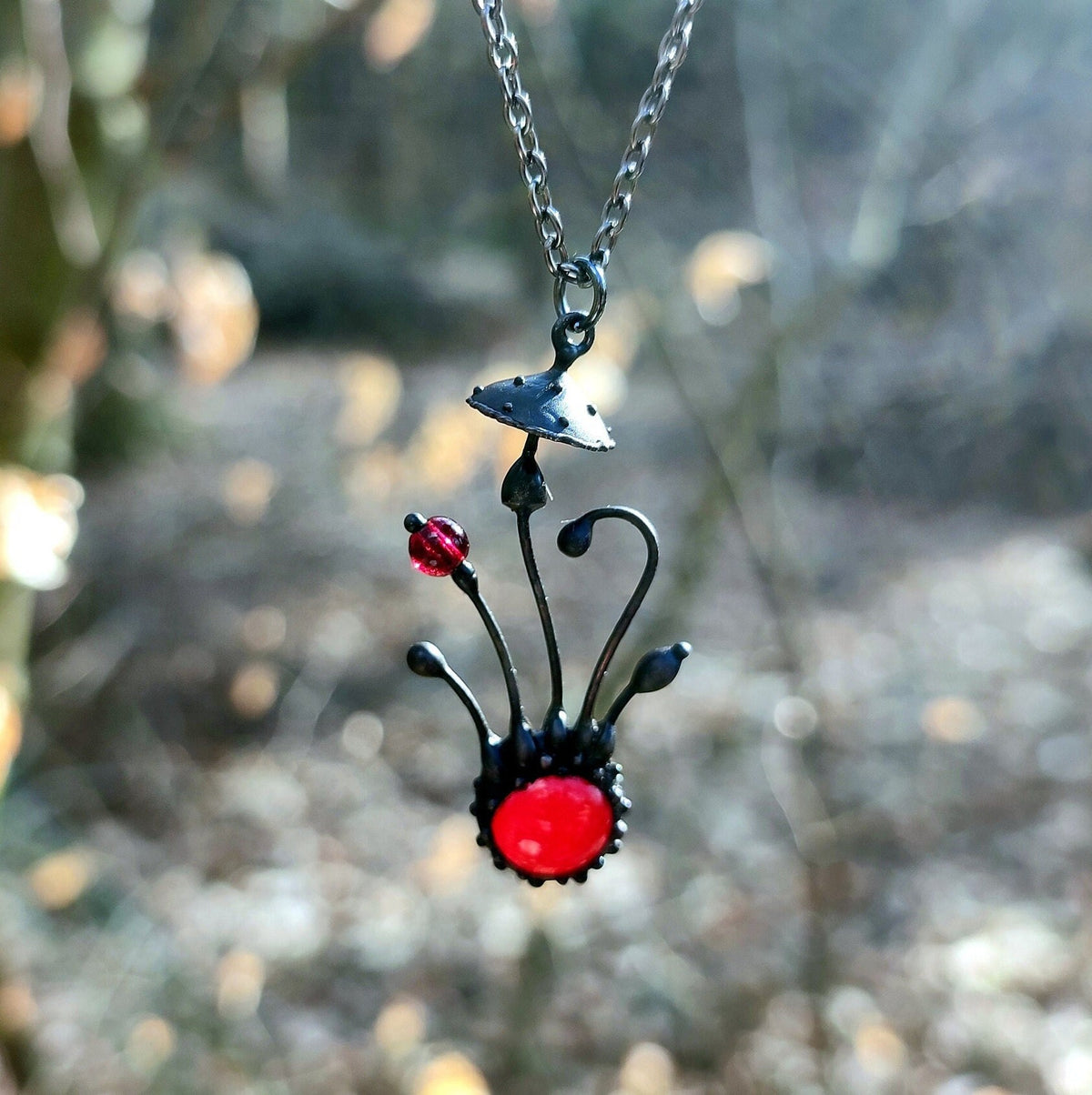Red Glass Amanita Mushroom Necklace – Blackened Copper & Pewter Forest Pendant
