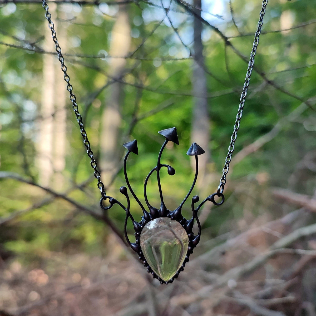 Clear Glass Mushroom Necklace – Blackened Copper Forest Pendant – Psychedelic Fungi