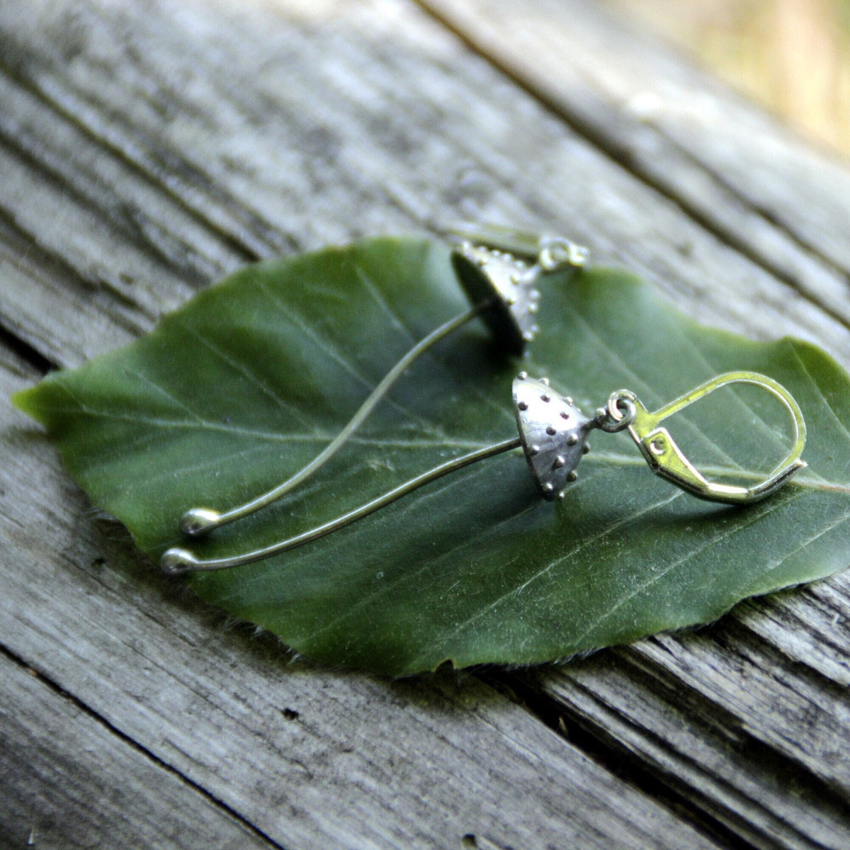 Silver Amanita Mushroom Earrings – Copper & Pewter Long Stem Dangles – Fairy Forest