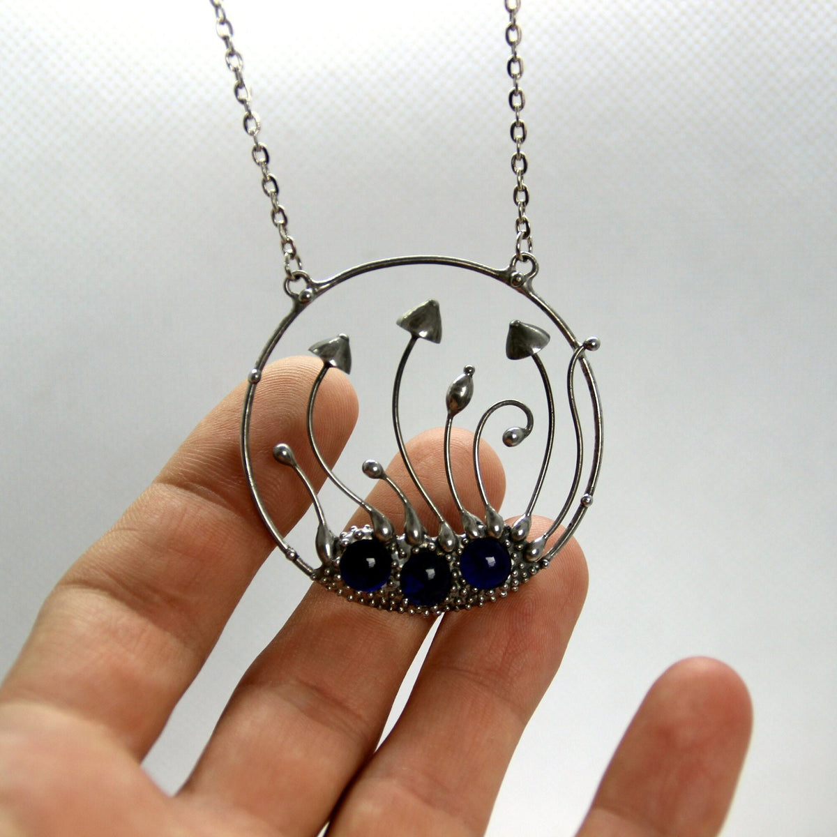 Cobalt Blue Glass Mushroom Necklace – Silver Tone