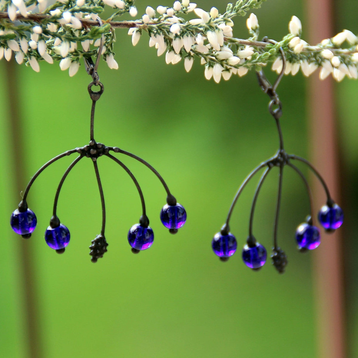 Cobalt Blue Glass Branch Earrings – Blackened Copper Botanical Dangles – Nature Inspired