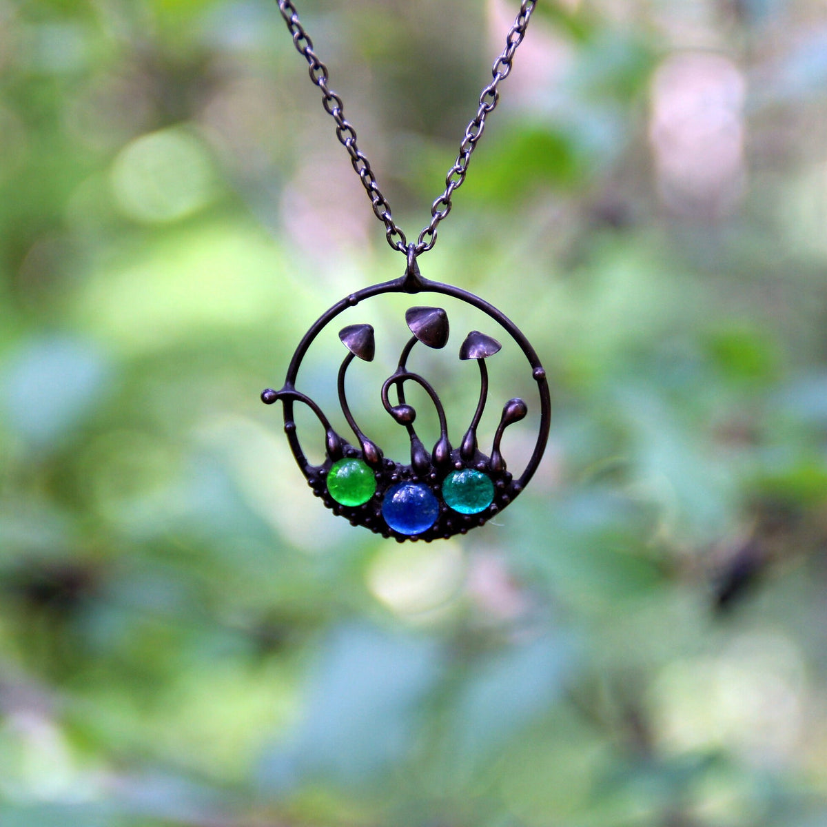 Multicolor Glass Mushroom Necklace – Blackened Copper Round Forest Pendant – Botanical