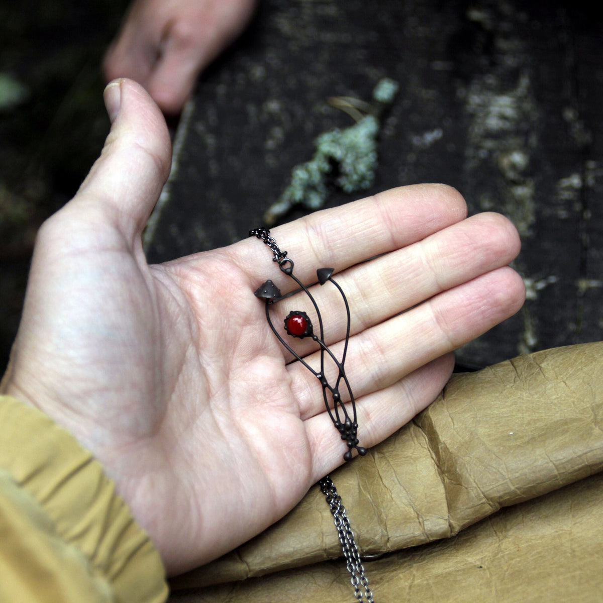 Red Glass Mushroom Necklace – Blackened Copper & Pewter Forest Pendant – Botanical