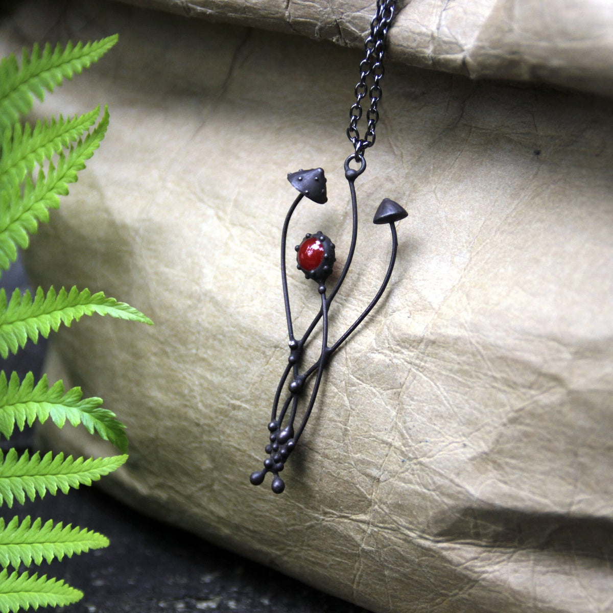 Red Glass Mushroom Necklace – Blackened Copper & Pewter Forest Pendant – Botanical