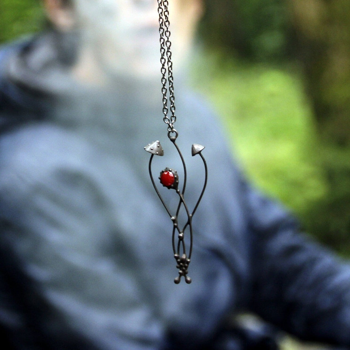 Red Glass Mushroom Necklace – Blackened Copper & Pewter Forest Pendant – Botanical