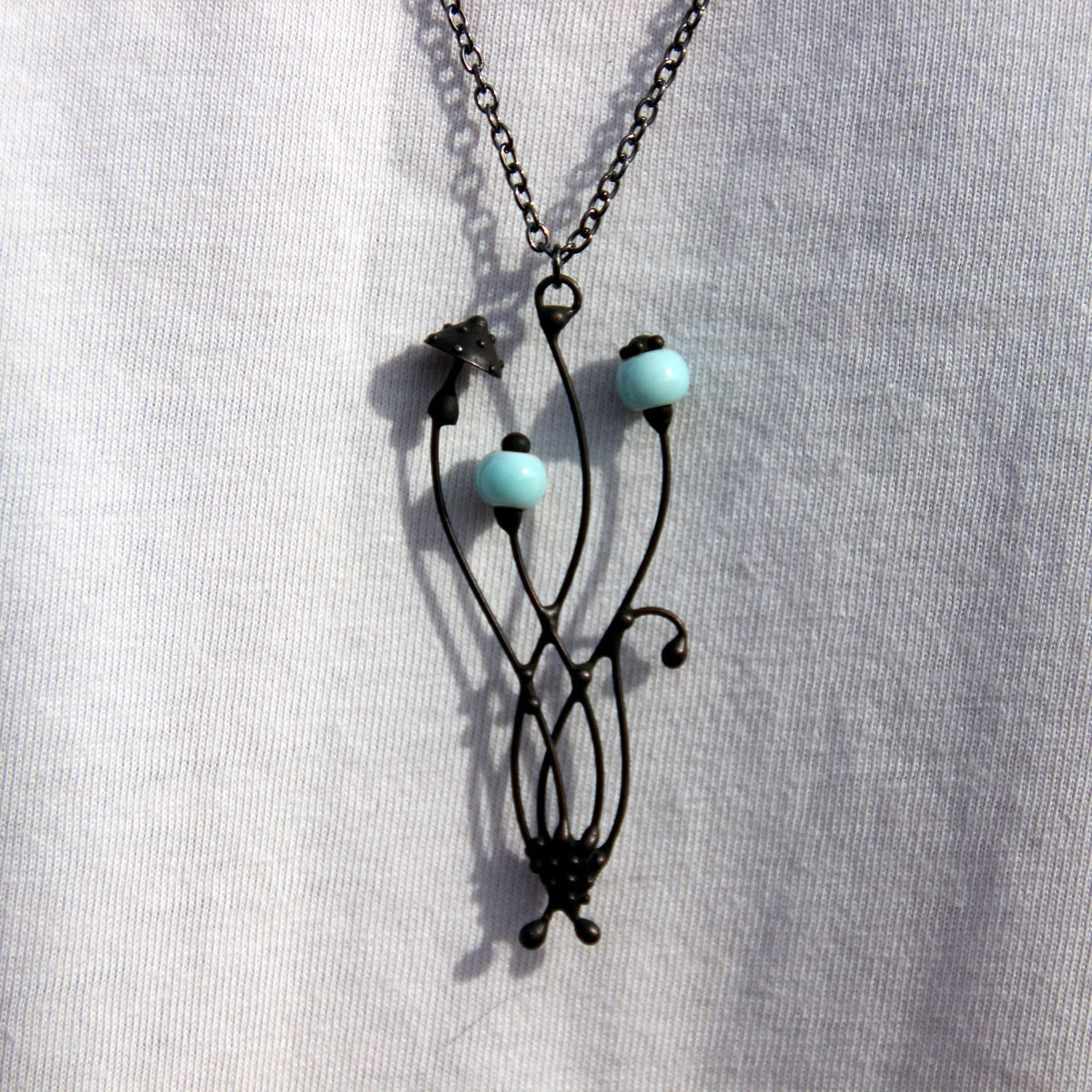 White Ceramic Mushroom Necklace – Blackened Copper