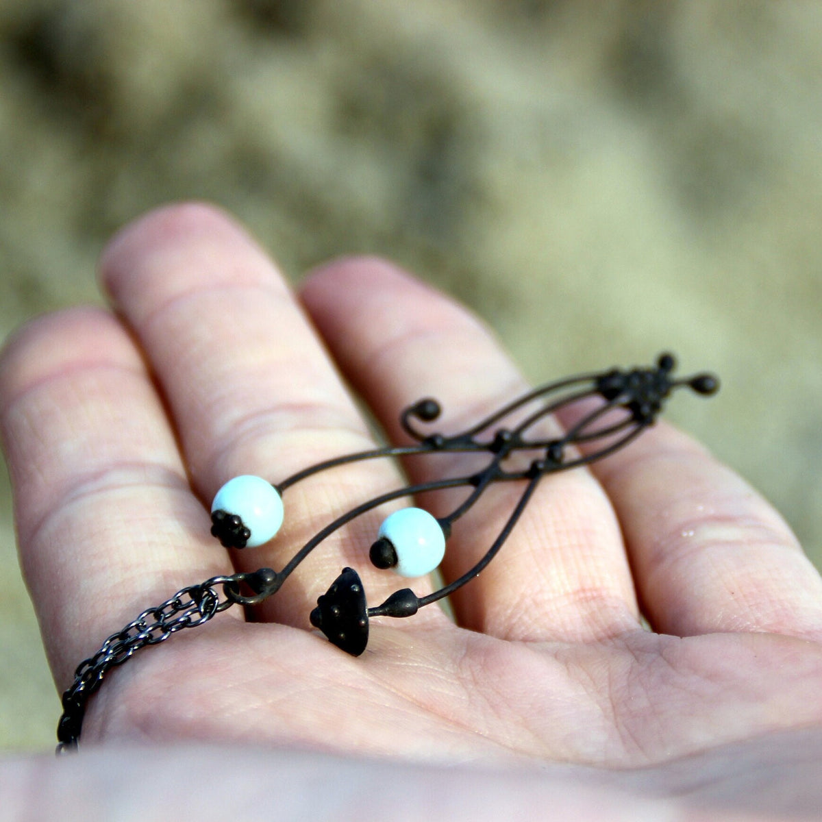 White Ceramic Mushroom Necklace – Blackened Copper