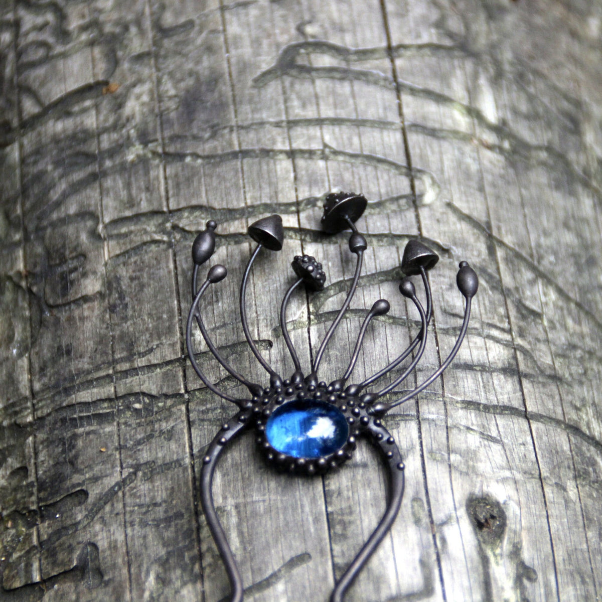 Blue Glass Mushroom Hair Pin – Blackened Copper Forest Hair Fork – Fairycore