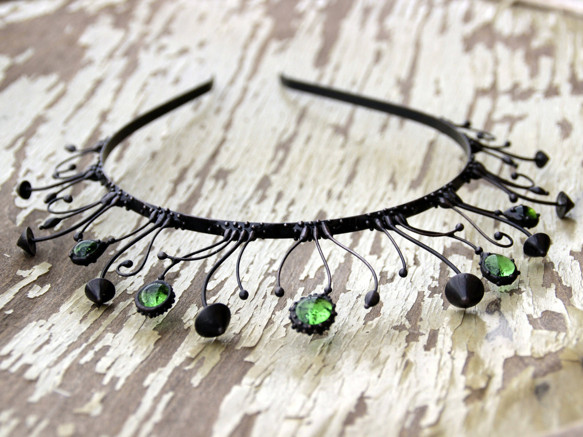 Black Mushroom Crown with Green Glass