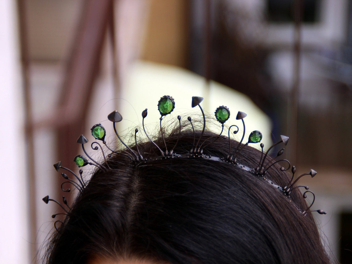Black Mushroom Crown with Green Glass