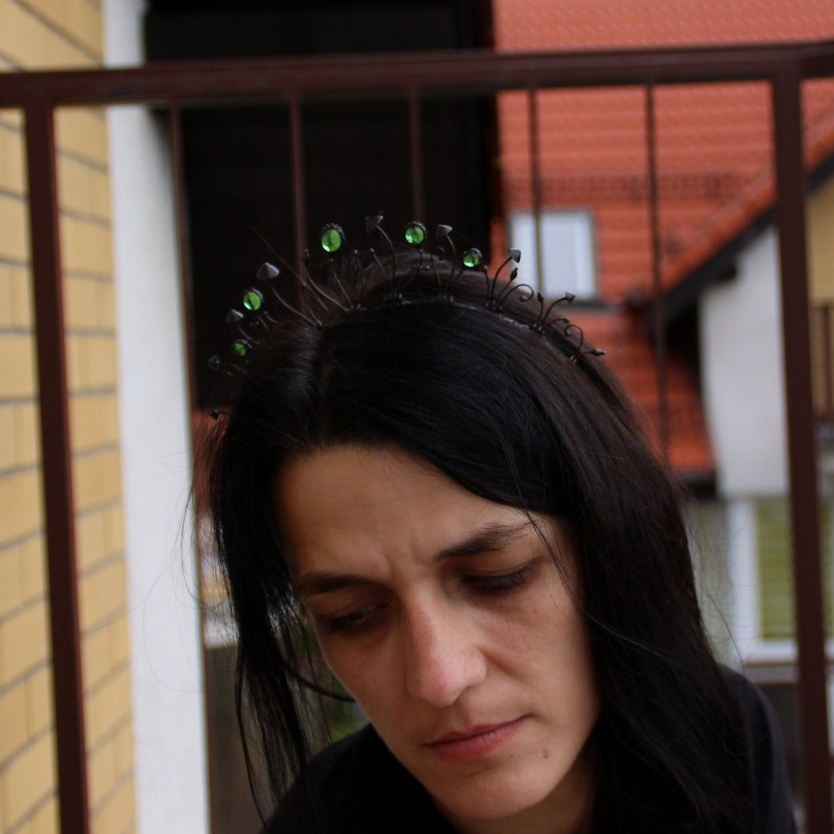 Black Mushroom Crown with Green Glass