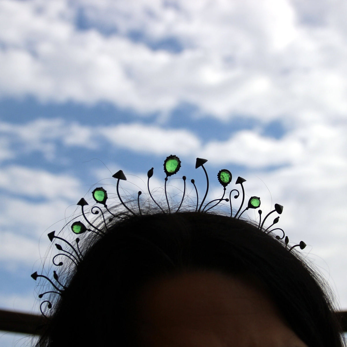 Black Mushroom Crown with Green Glass