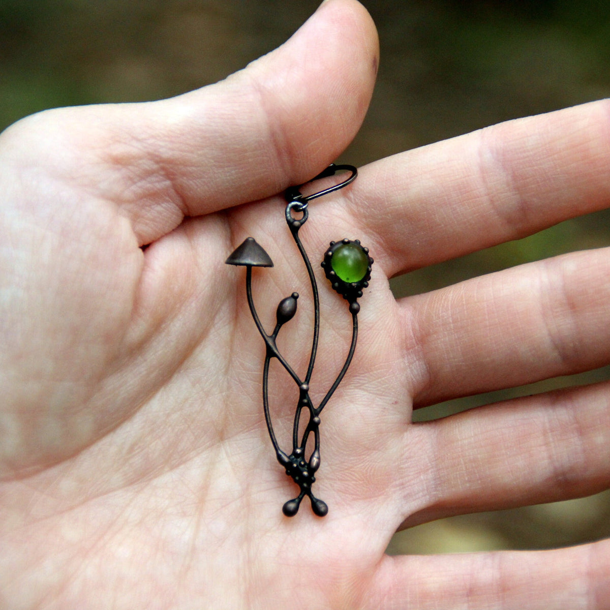Green Glass Mushroom Single Earring – Blackened Copper & Pewter Woodland Dangle – Fairycore