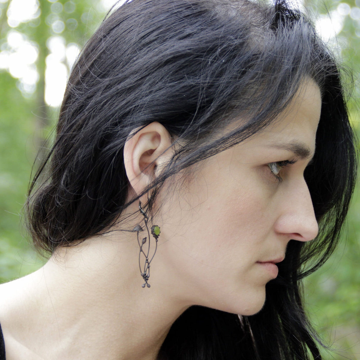 Green Glass Mushroom Single Earring – Blackened Copper & Pewter Woodland Dangle – Fairycore