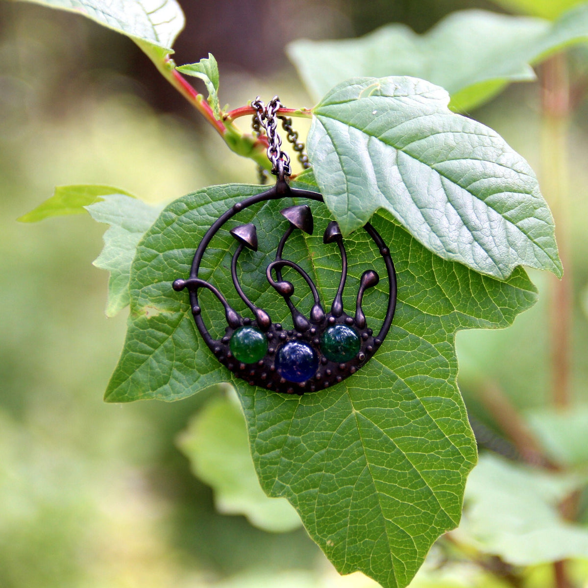 Multicolor Glass Mushroom Necklace – Blackened Copper Round Forest Pendant – Botanical