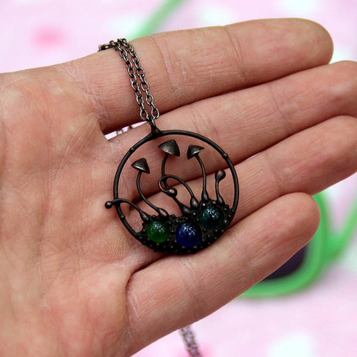 Multicolor Glass Mushroom Necklace – Blackened Copper Round Forest Pendant – Botanical