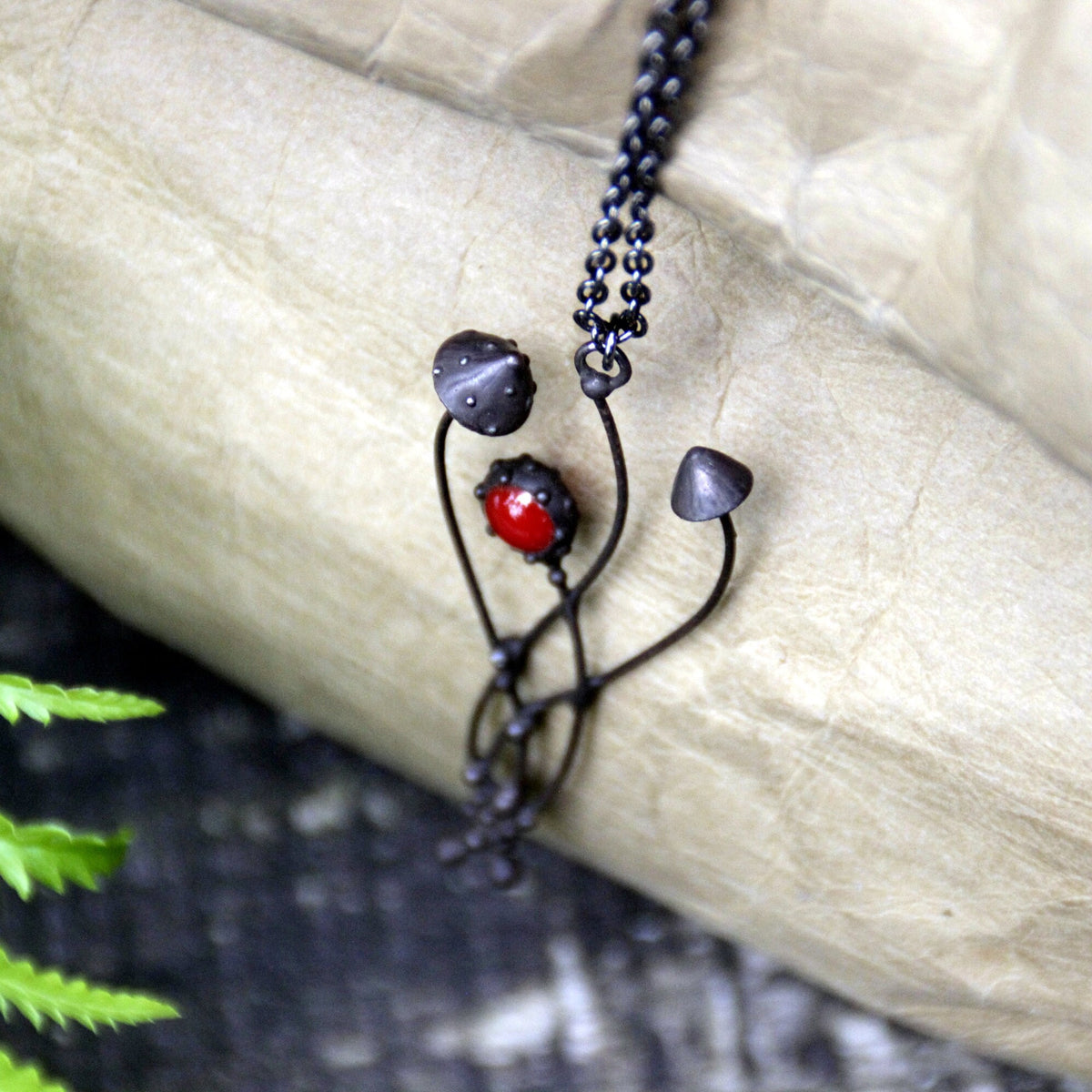 Red Glass Mushroom Necklace – Blackened Copper & Pewter Forest Pendant – Botanical