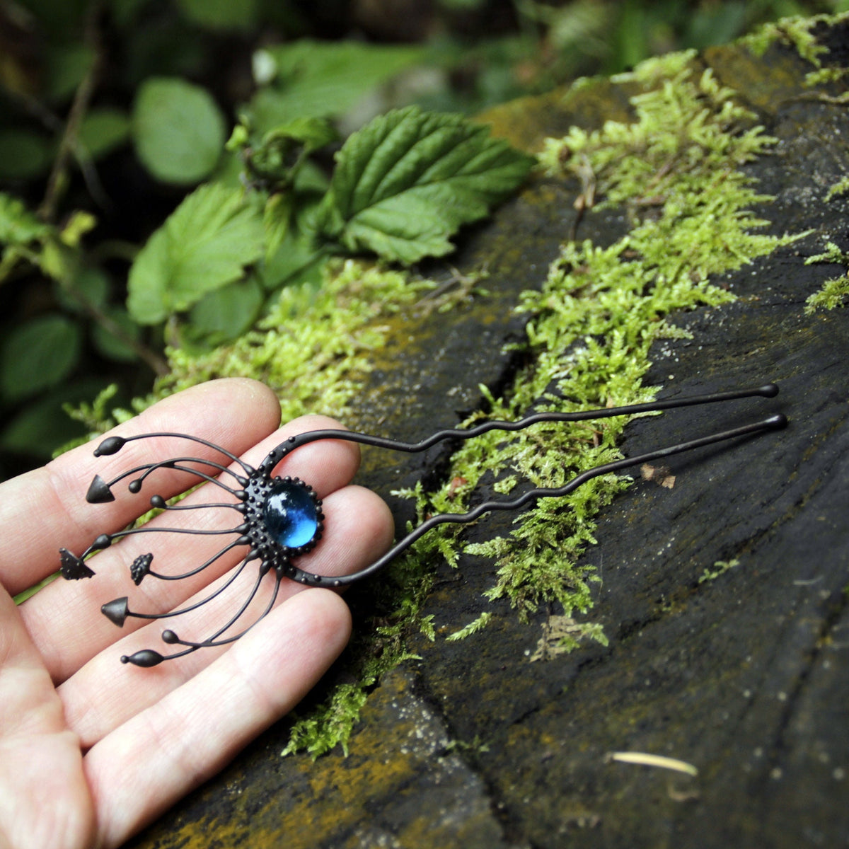 Blue Glass Mushroom Hair Pin – Blackened Copper Forest Hair Fork – Fairycore