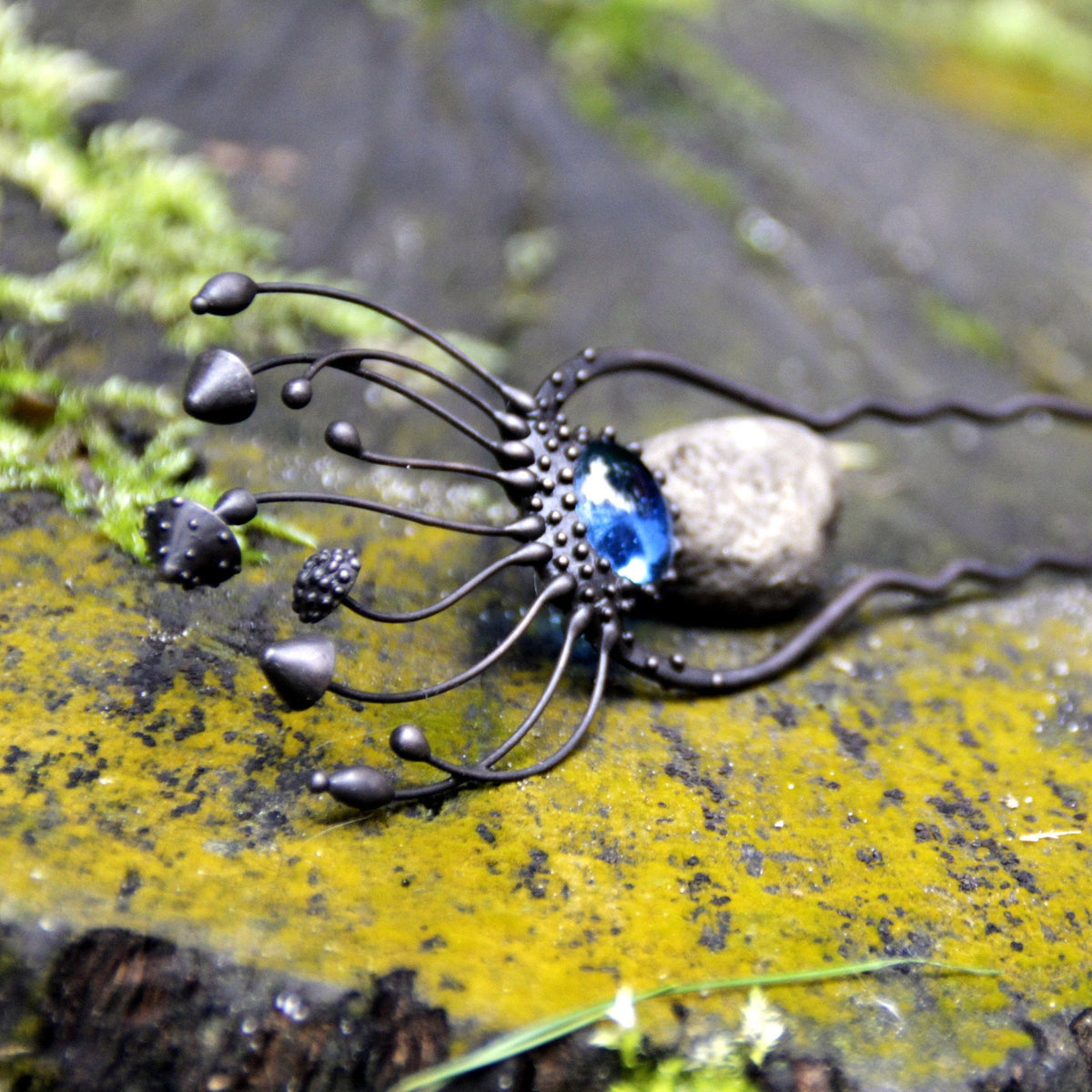 Blue Glass Mushroom Hair Pin – Blackened Copper Forest Hair Fork – Fairycore