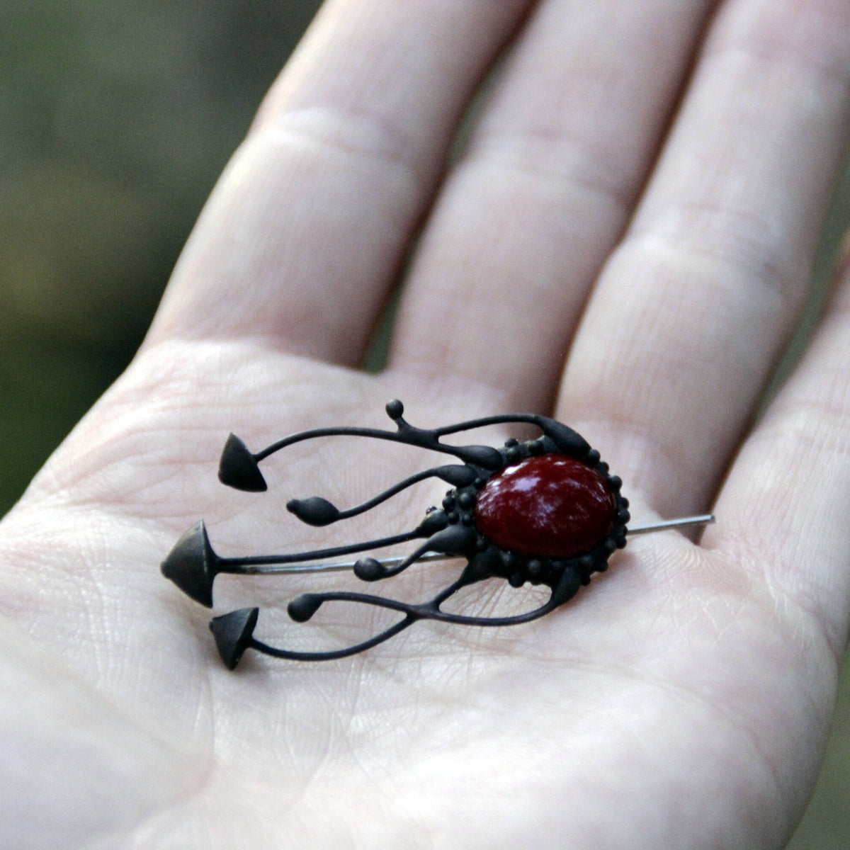 Red Glass Mushroom Brooch – Blackened Copper
