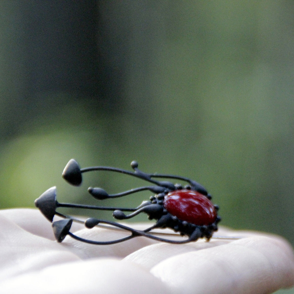 Red Glass Mushroom Brooch – Blackened Copper