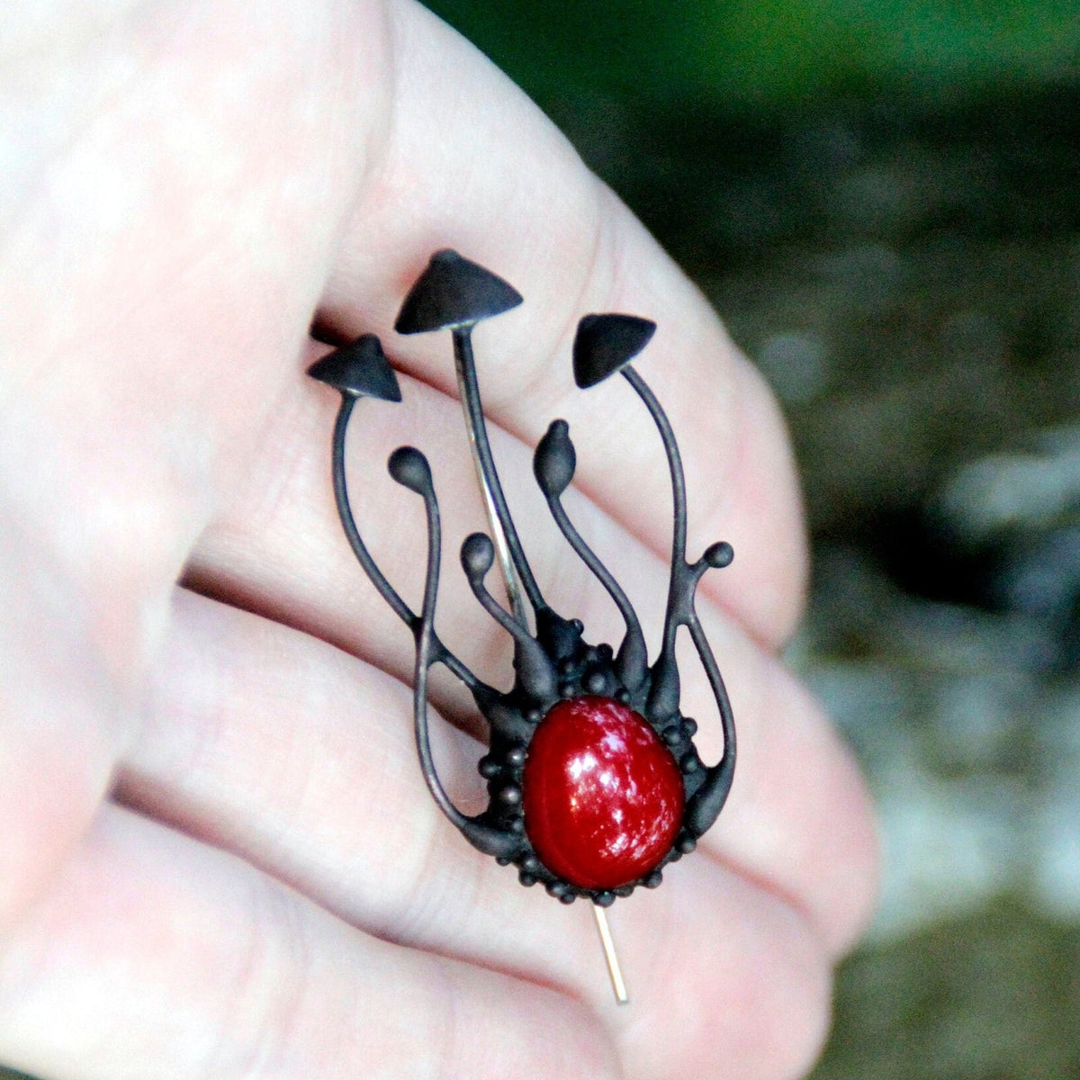 Red Glass Mushroom Brooch – Blackened Copper
