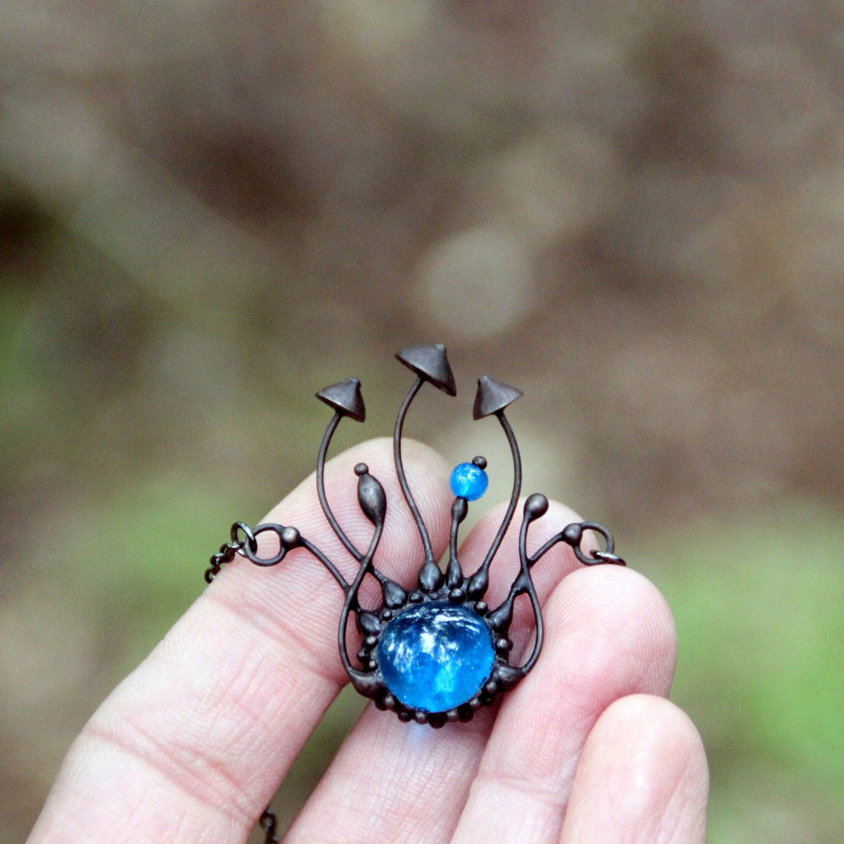 Blue Glass Mushroom Necklace – Blackened Copper & Pewter Forest Pendant – Woodland