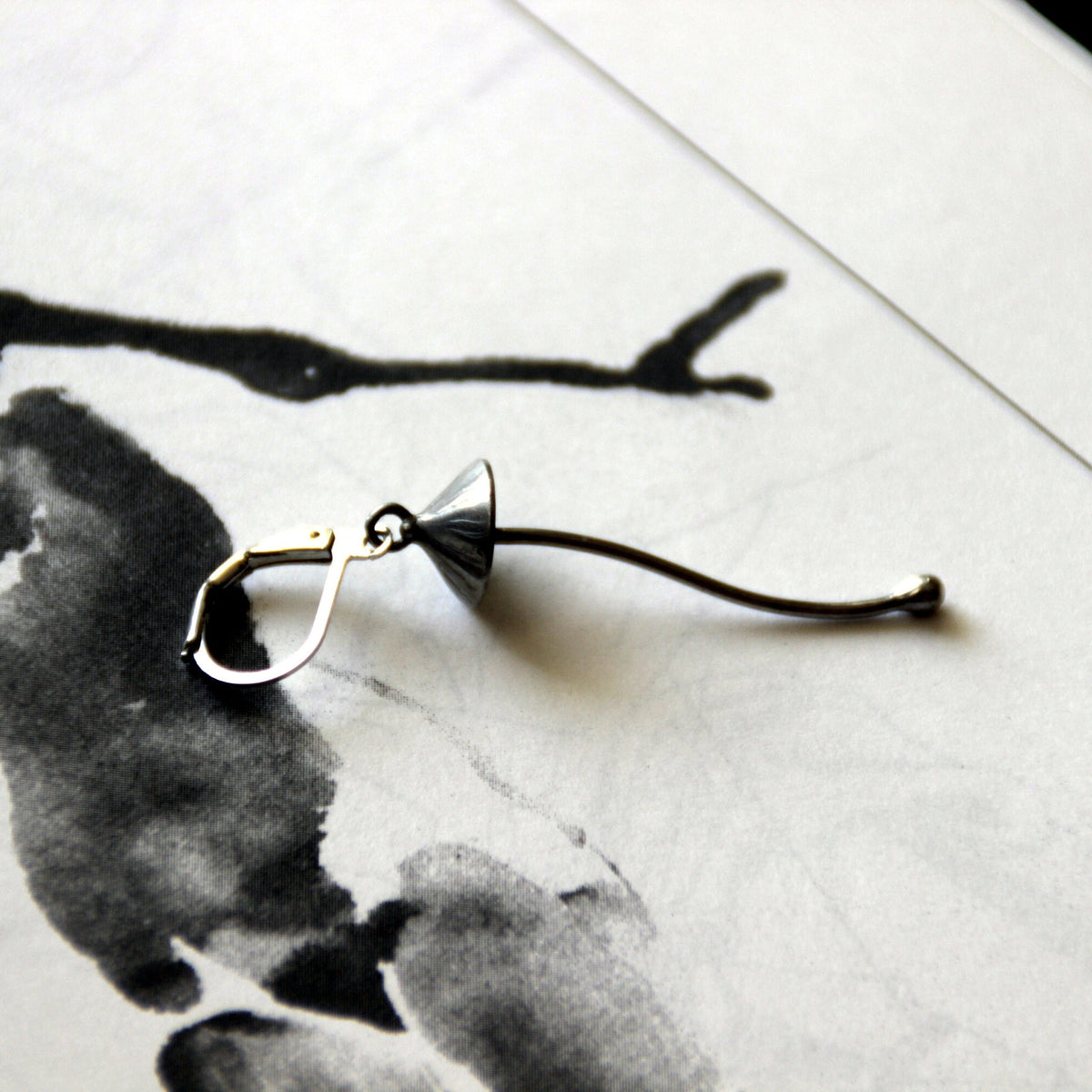 Silver Mushroom Single Earring – Long Stem Copper & Pewter Dangle – Psychedelic Forest