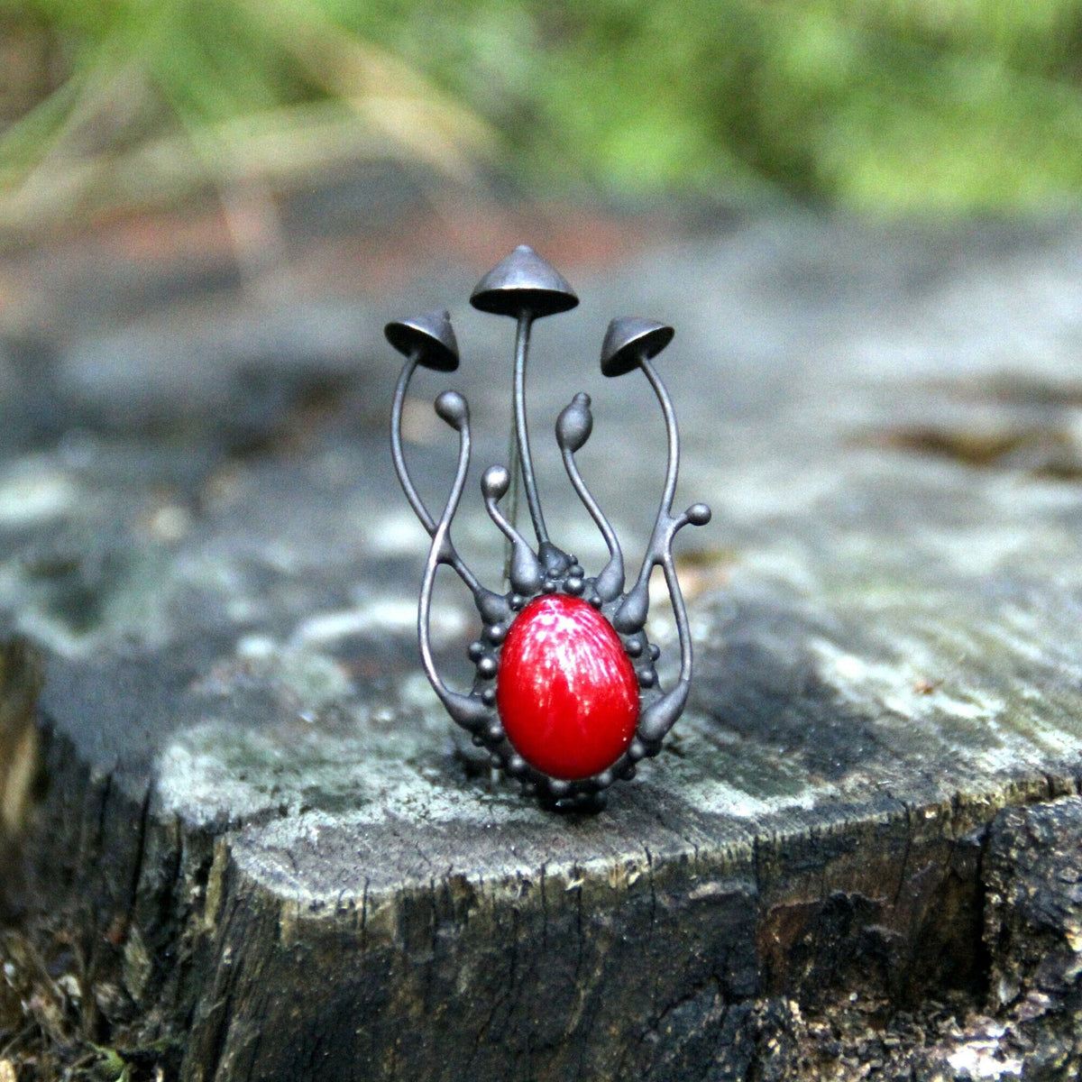 Red Glass Mushroom Brooch – Blackened Copper