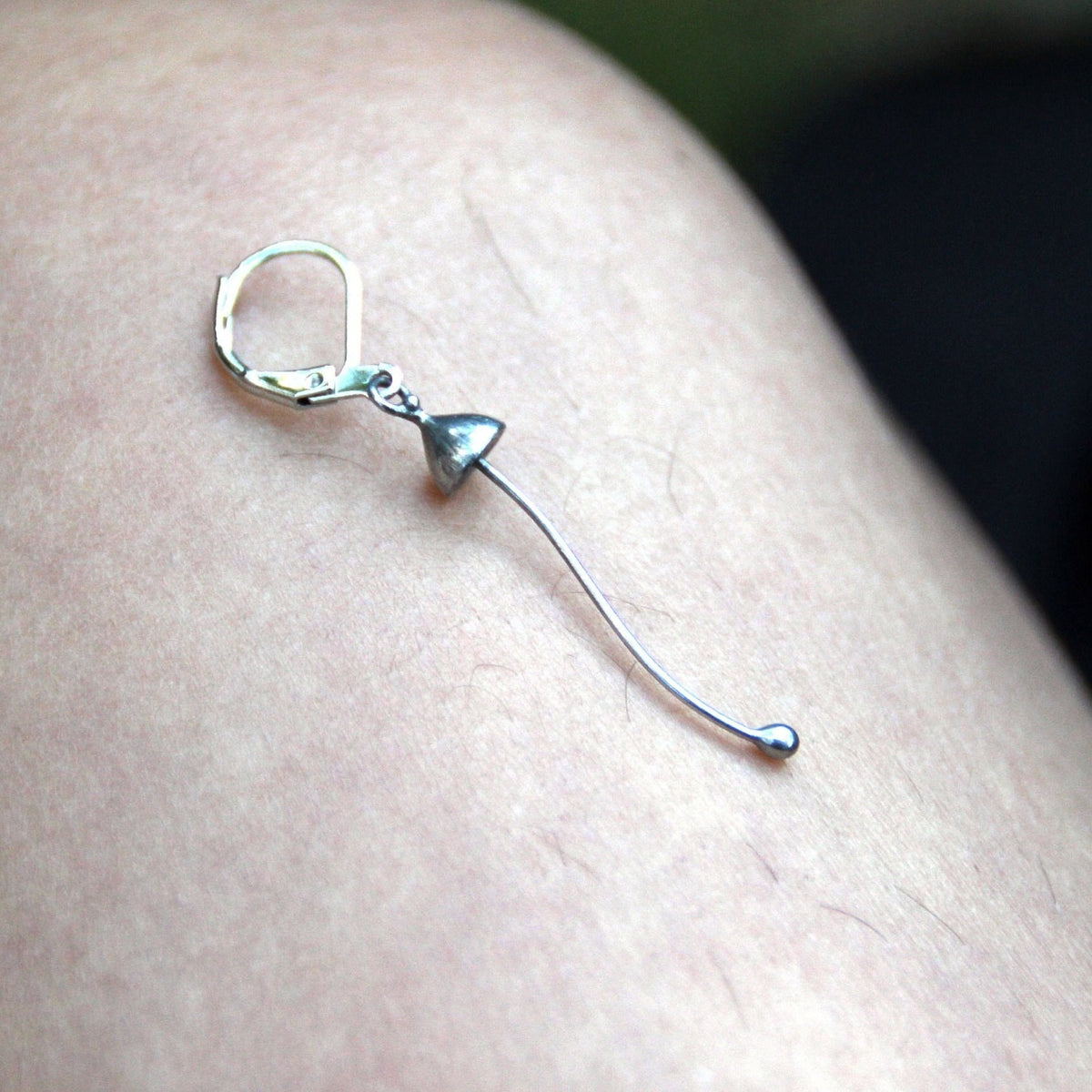 Silver Mushroom Single Earring – Long Stem Copper & Pewter Dangle – Minimalist Forest