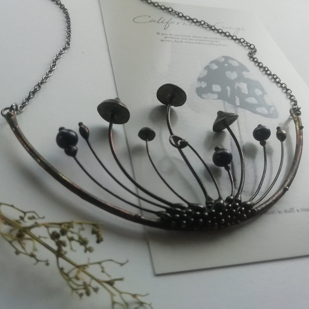 Large Hematite Mushroom Necklace – Blackened Copper