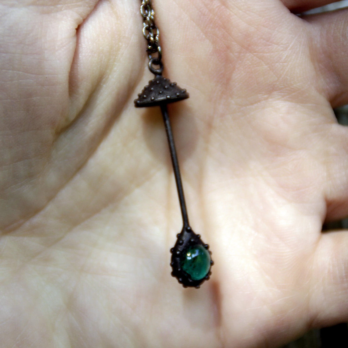 Green Glass Amanita Mushroom Necklace – Blackened Copper Long Stem Forest Pendant