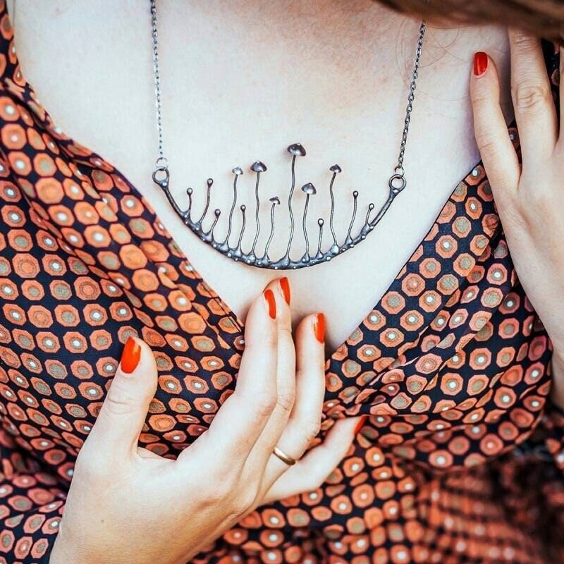 Large Mushroom Arc Necklace – Blackened Copper & Pewter Forest Collar – Sculptural Botanical