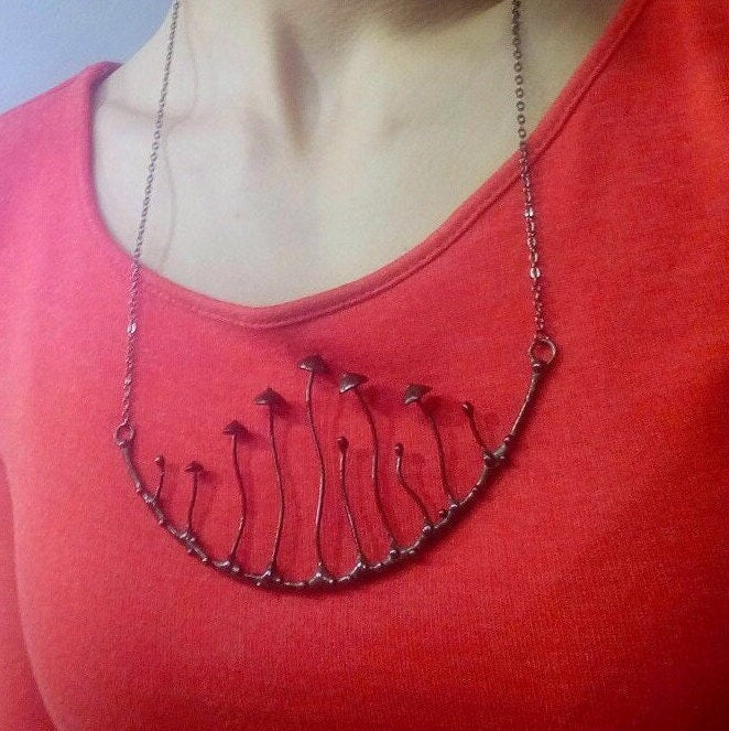 Large Mushroom Arc Necklace – Blackened Copper & Pewter Forest Collar – Sculptural Botanical