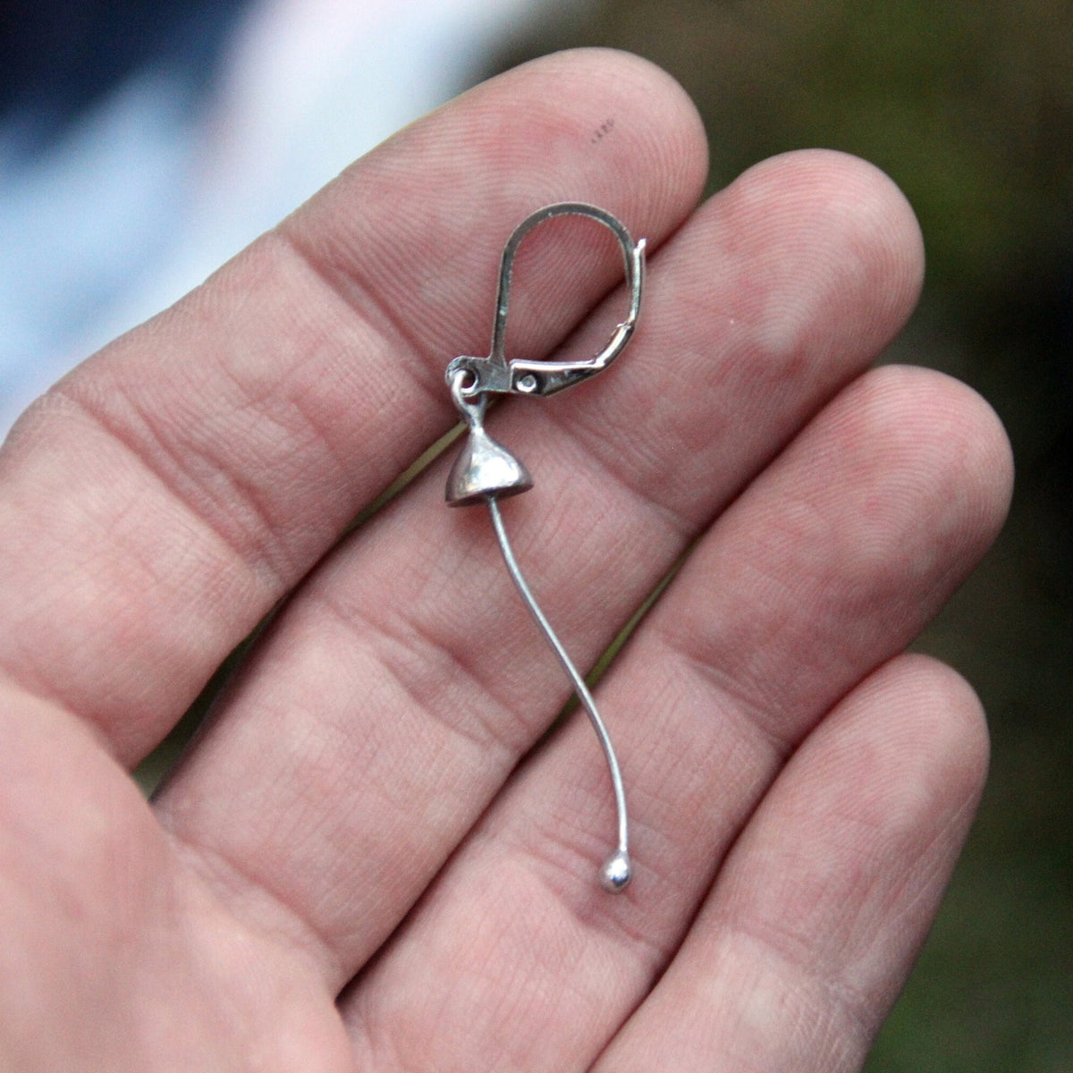 Silver Mushroom Single Earring – Long Stem Copper & Pewter Dangle – Minimalist Forest