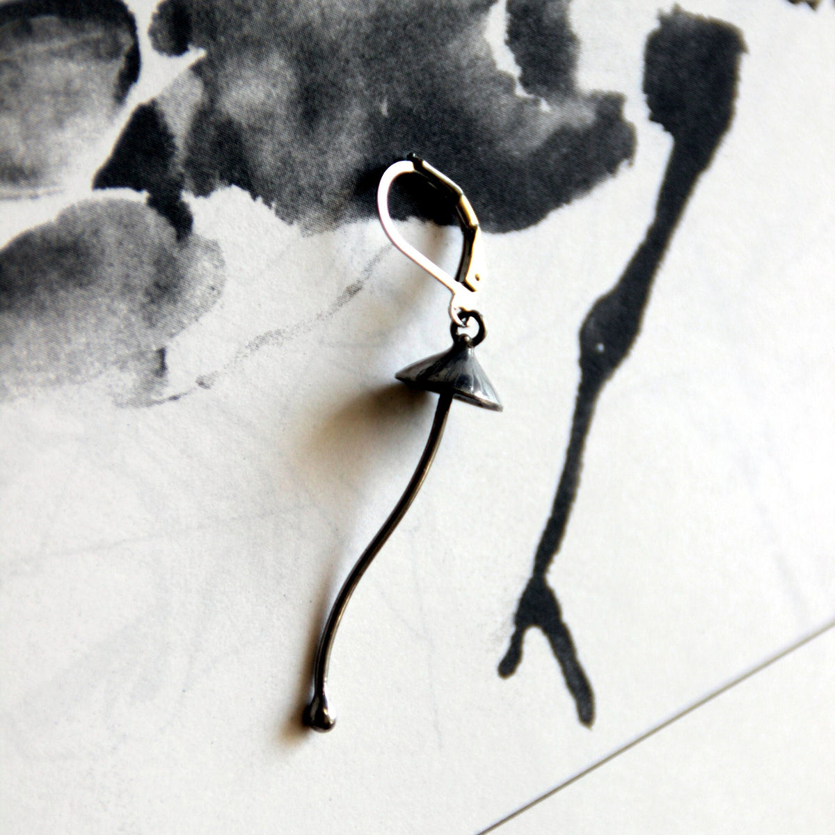 Silver Mushroom Single Earring – Long Stem Copper & Pewter Dangle – Psychedelic Forest