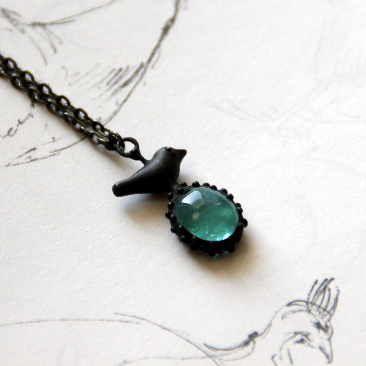 Teal Blue Glass Bird Necklace – Blackened Copper
